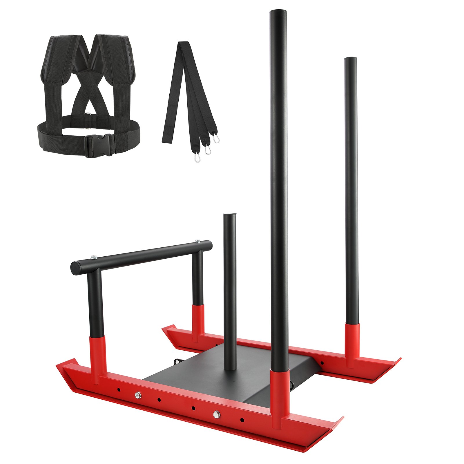 VEVOR Trineo de Potencia de Acero a Mejorar la Velocidad en Ejercicios Atléticos, Equipo de Entrenamiento con Asa y Mango en T, Compatible con Discos 25/51 mm, Rojo y Negro, 1030 x 660 x 1040 mm