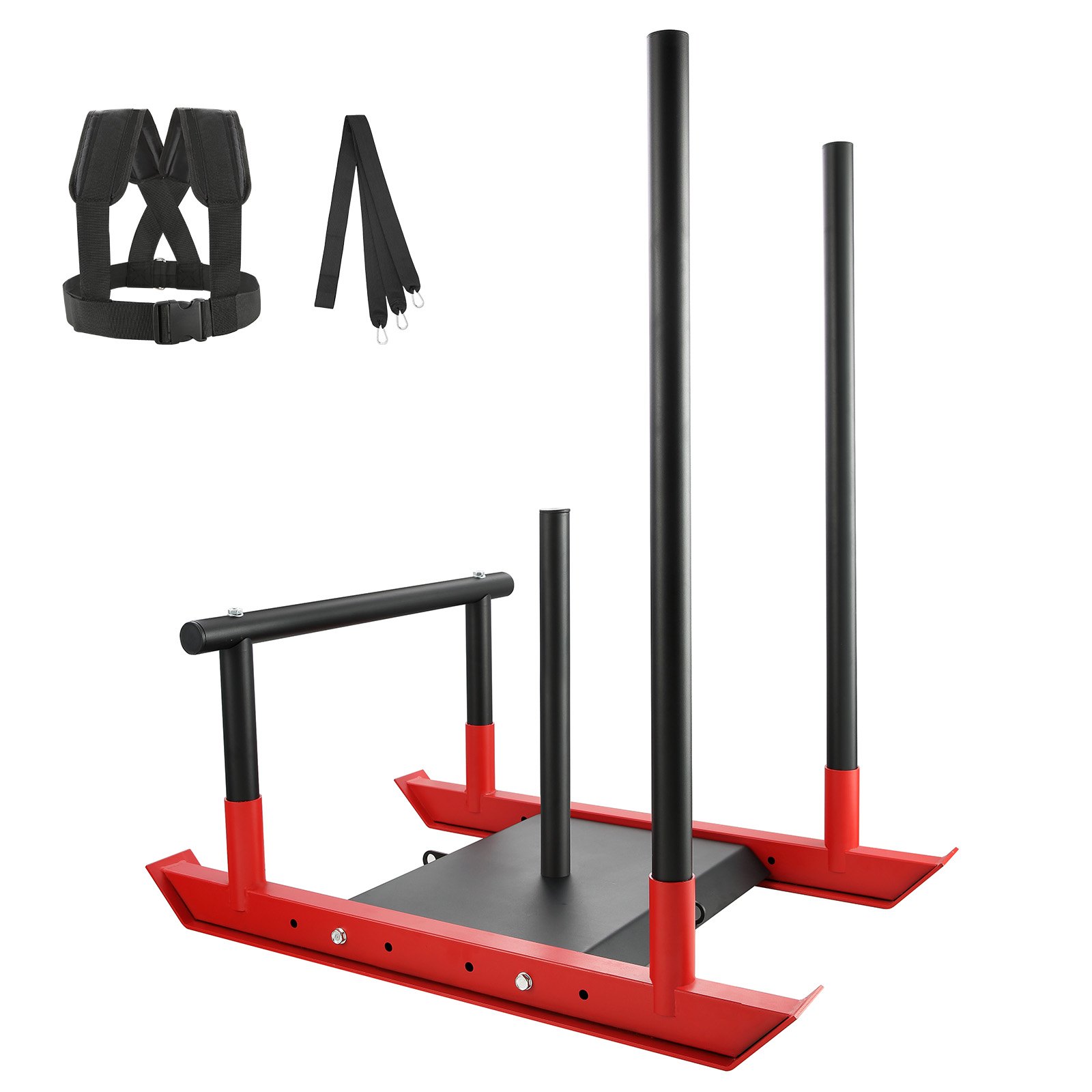 VEVOR Trineo de Potencia de Acero a Mejorar la Velocidad en Ejercicios Atléticos, Equipo de Entrenamiento con Asa y Mango en T, Compatible con Discos 25/51 mm, Rojo y Negro, 1030 x 660 x 1040 mm