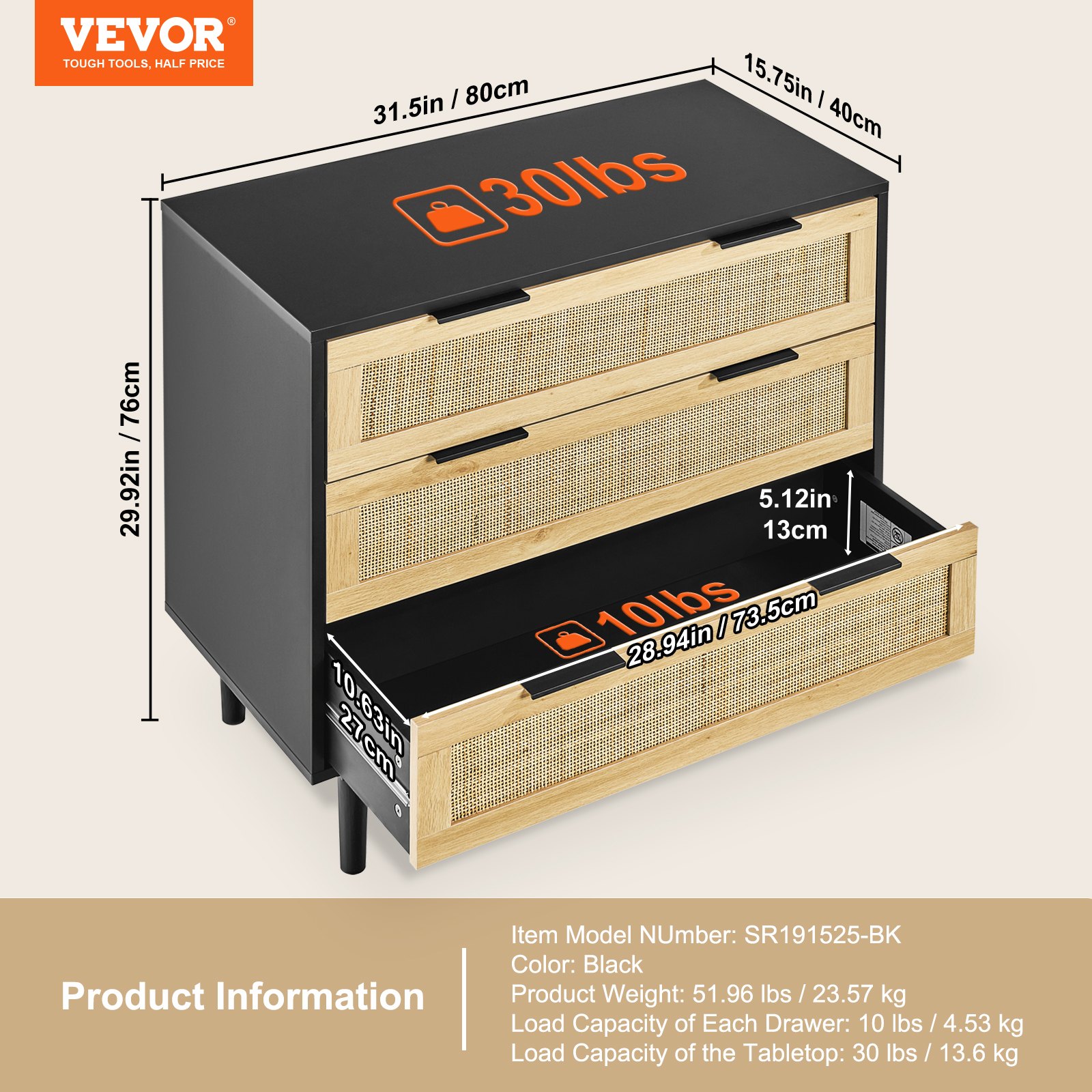 VEVOR Cómoda de Ratán con 3 Cajones Mueble Natural para Organización y Almacenamiento Cómoda con Tiradores y Patas Resistentes para Sala de Estar Dormitorio Pasillo, Negro, 800x760x400 mm