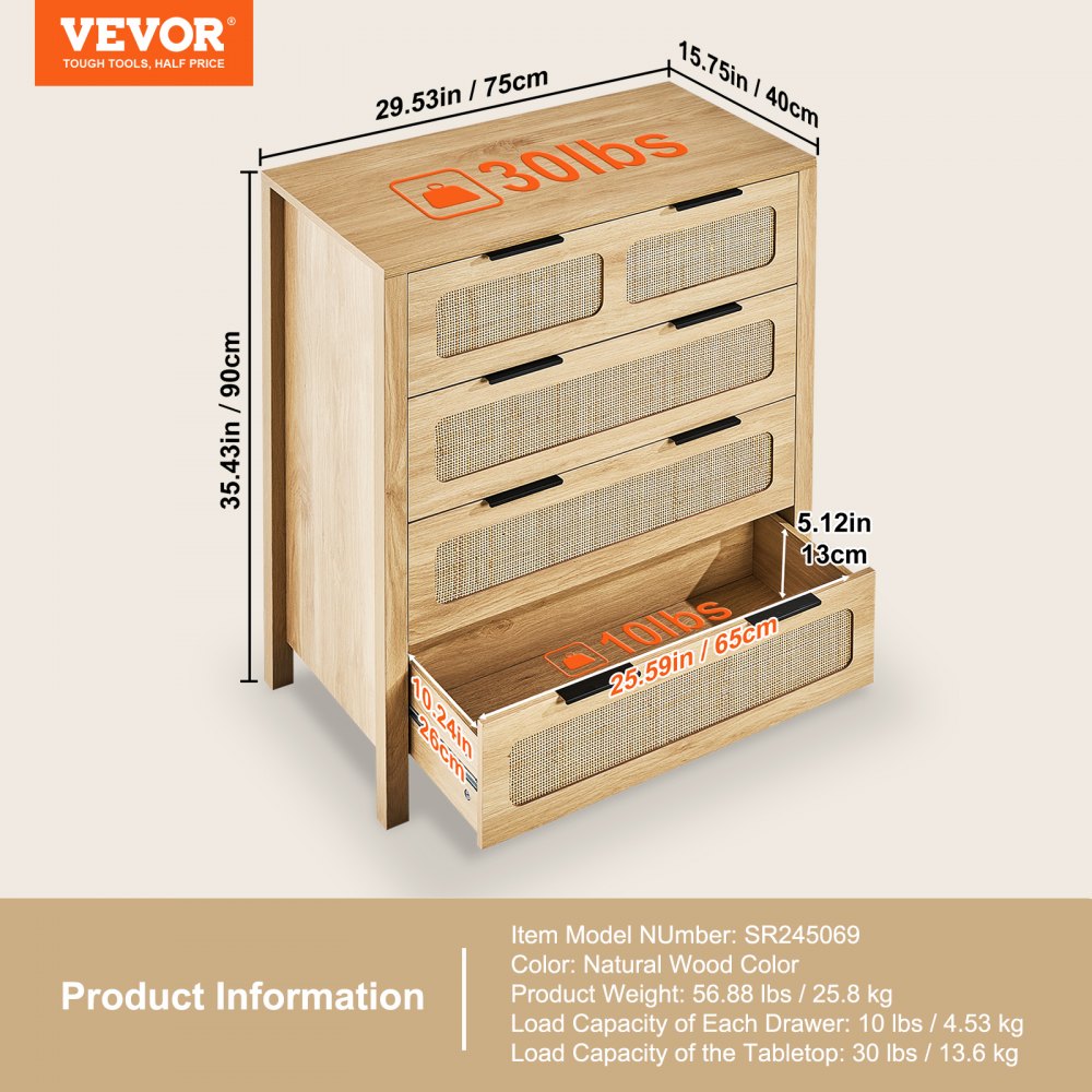 VEVOR Cómoda de Ratán Mueble de Salón Dormitorio con 4 Cajones Color de Madera