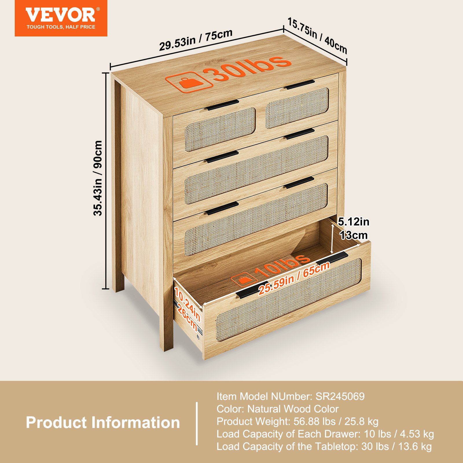 VEVOR Cómoda de Ratán Mueble de Salón Dormitorio con 4 Cajones Color de Madera