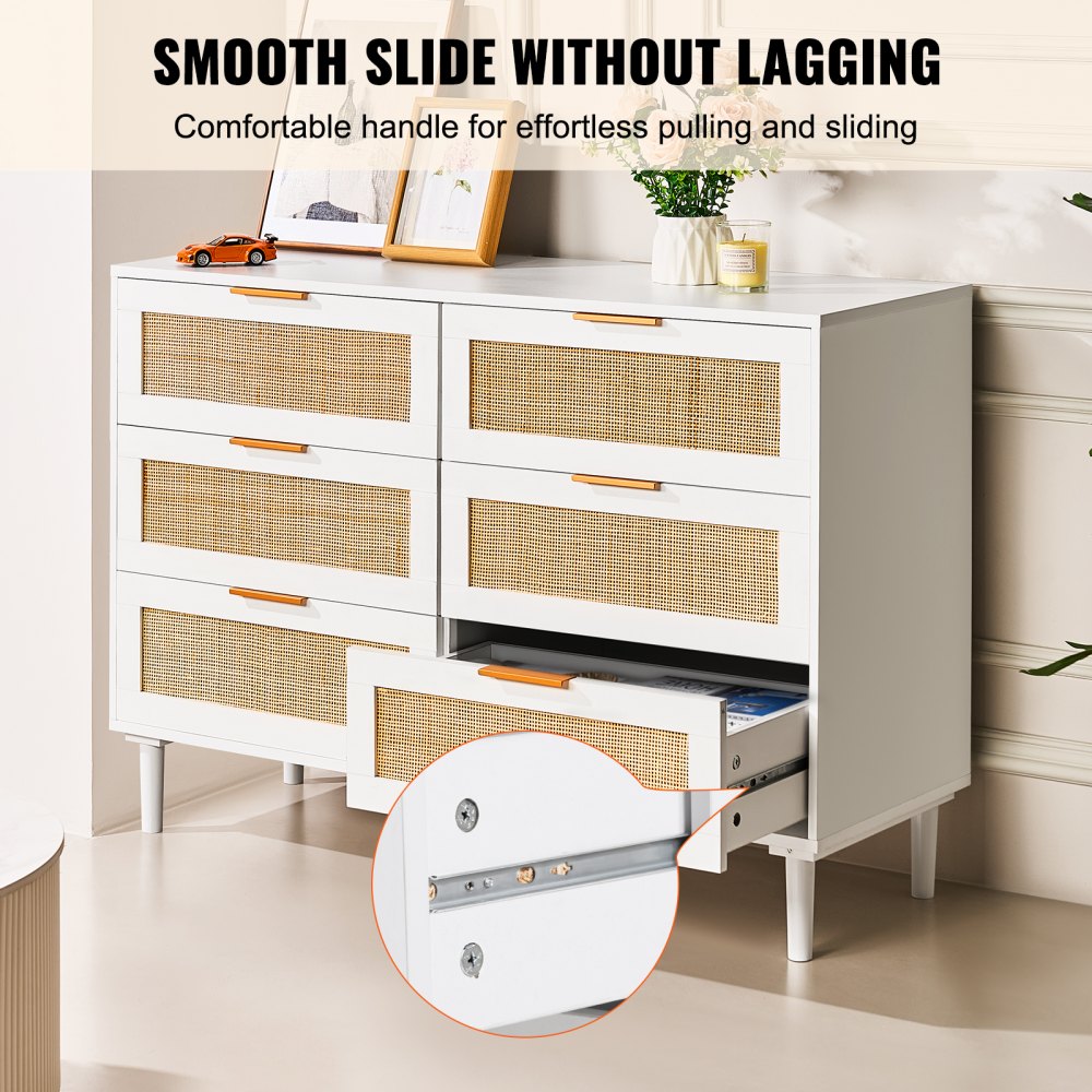 VEVOR Cómoda de Ratán Mueble de Salón con 6 Cajones para Dormitorio, Blanco
