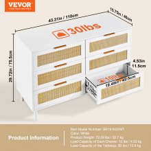 VEVOR Cómoda de Ratán Mueble de Salón con 6 Cajones para Dormitorio, Blanco