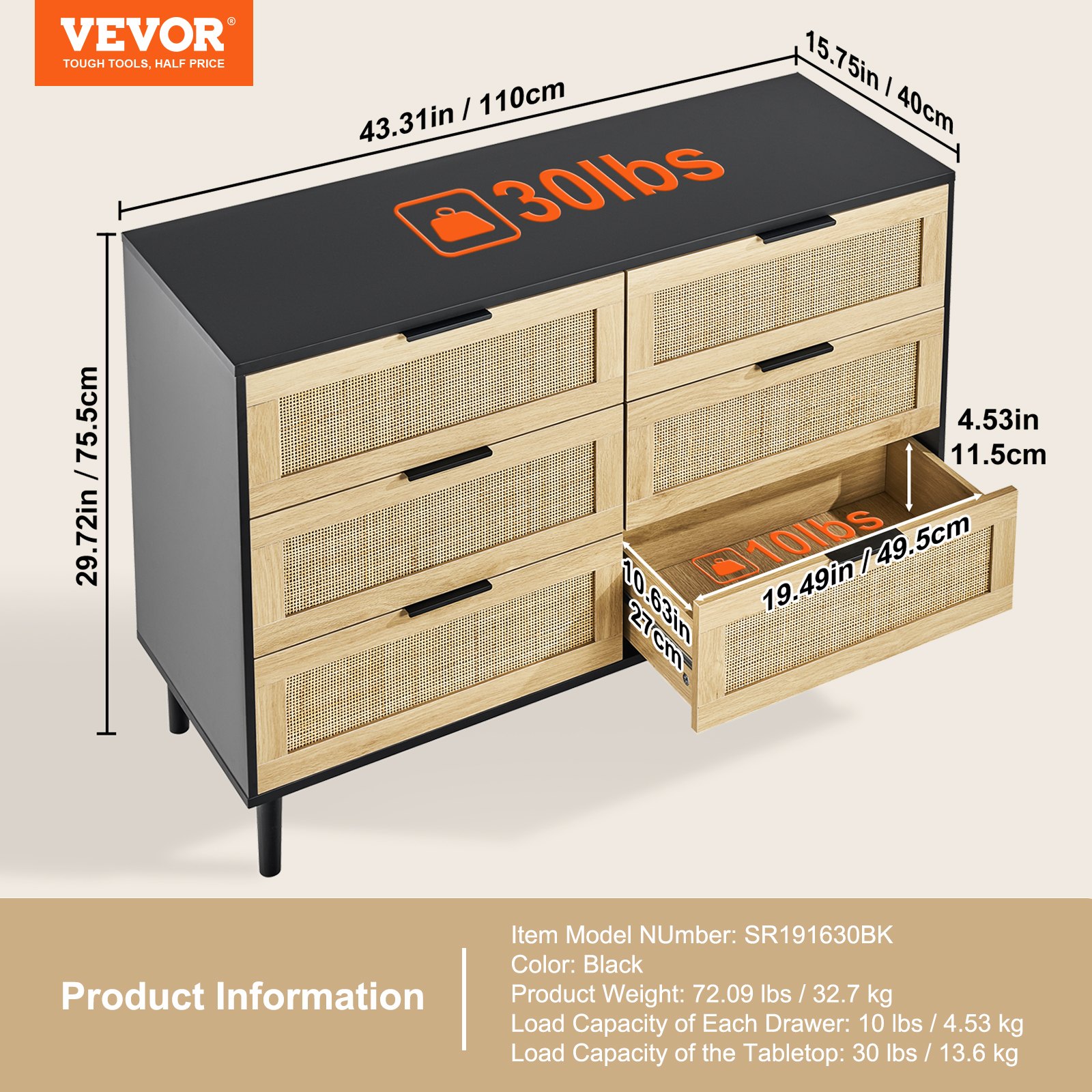 VEVOR Cómoda de Ratán con 3 Cajones Mueble Natural para Organización y Almacenamiento Cómoda con Tiradores y Patas Resistentes para Sala de Estar Dormitorio Pasillo, Negro, 1100x400x755 mm