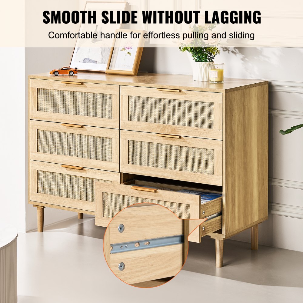 VEVOR Rattan Chest of Drawers with 6 Drawers, Natural Cabinet for Organization & Storage, Chest of Drawers with Sturdy Handles & Legs for Living Room, Bedroom, Hallway, Entryway, Wood Color, Clothes Organizer and Storage, Boho Chest of Drawers with Sturdy Handles and Legs, for Bedroom, Living Room and Hallway