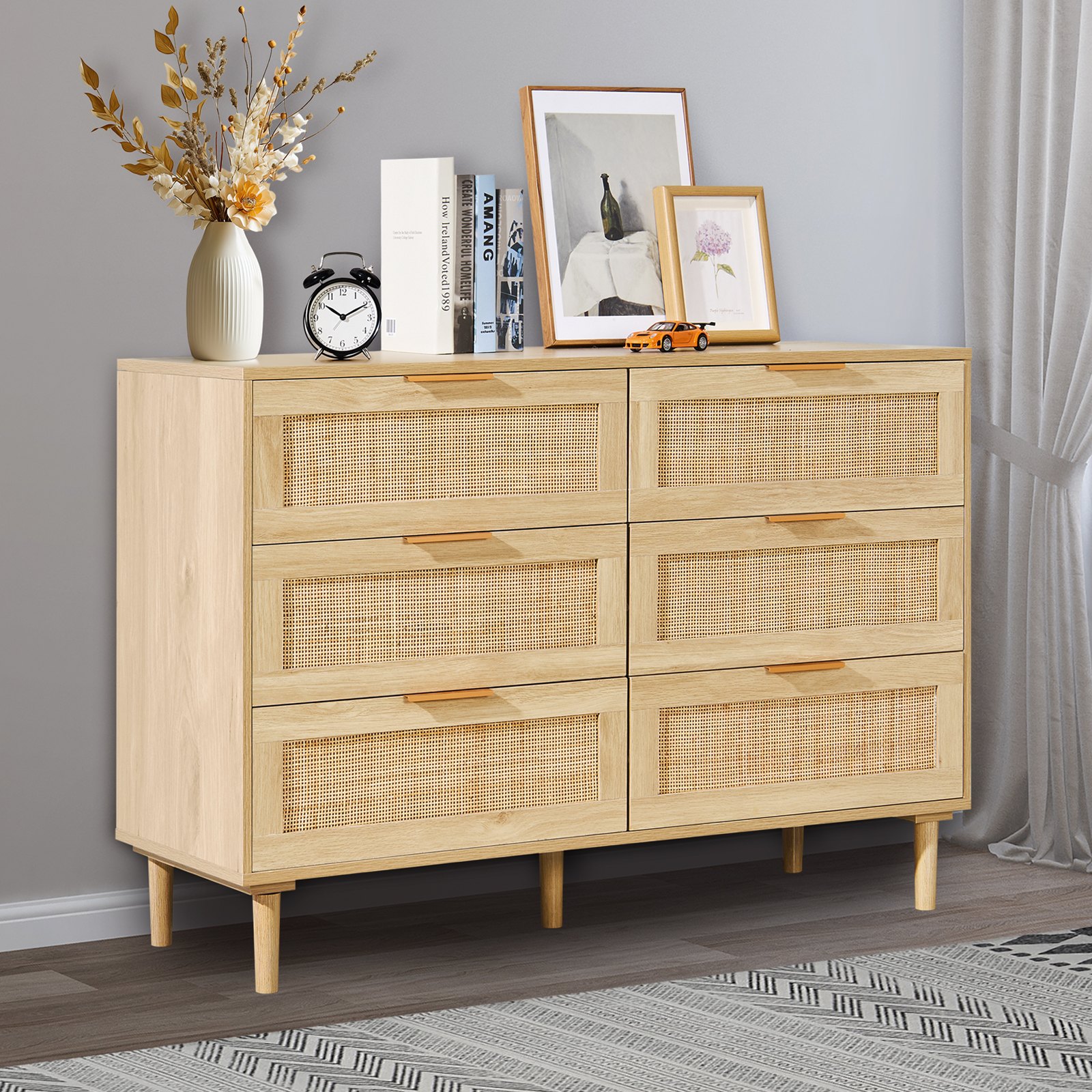 VEVOR Rattan Chest of Drawers with 6 Drawers, Natural Cabinet for Organization & Storage, Chest of Drawers with Sturdy Handles & Legs for Living Room, Bedroom, Hallway, Entryway, Wood Color, Clothes Organizer and Storage, Boho Chest of Drawers with Sturdy Handles and Legs, for Bedroom, Living Room and Hallway