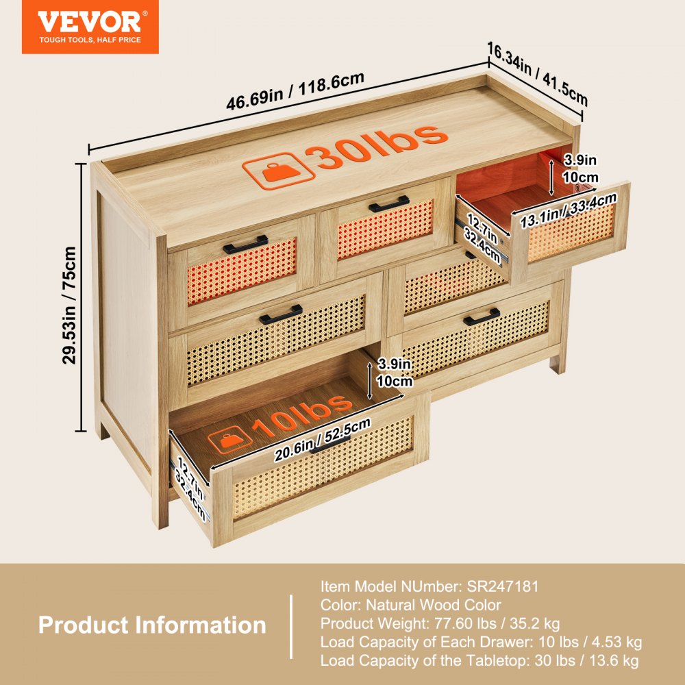 VEVOR Cómoda de Ratán Mueble de Salón con 7 Cajones Color de Madera Luz LED