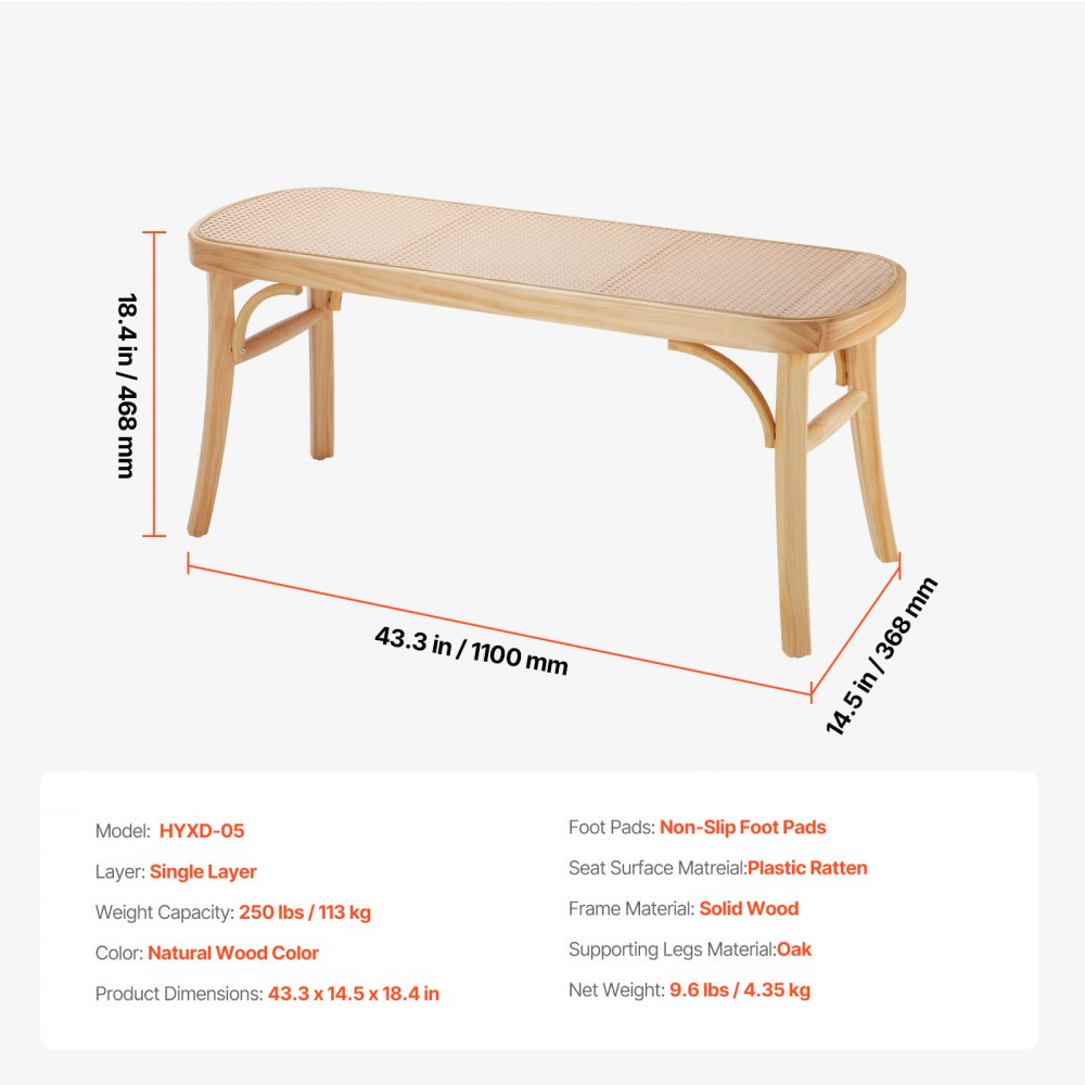 VEVOR Banco de Ratán de Madera 1100 x 368 x 468 mm, Banco Bohemio con Patas de Madera de Roble y Ratán Tejido a Mano, Capacidad de Carga de 113 kg para Dormitorio, Sala de Estar, Cocina, Color Madera