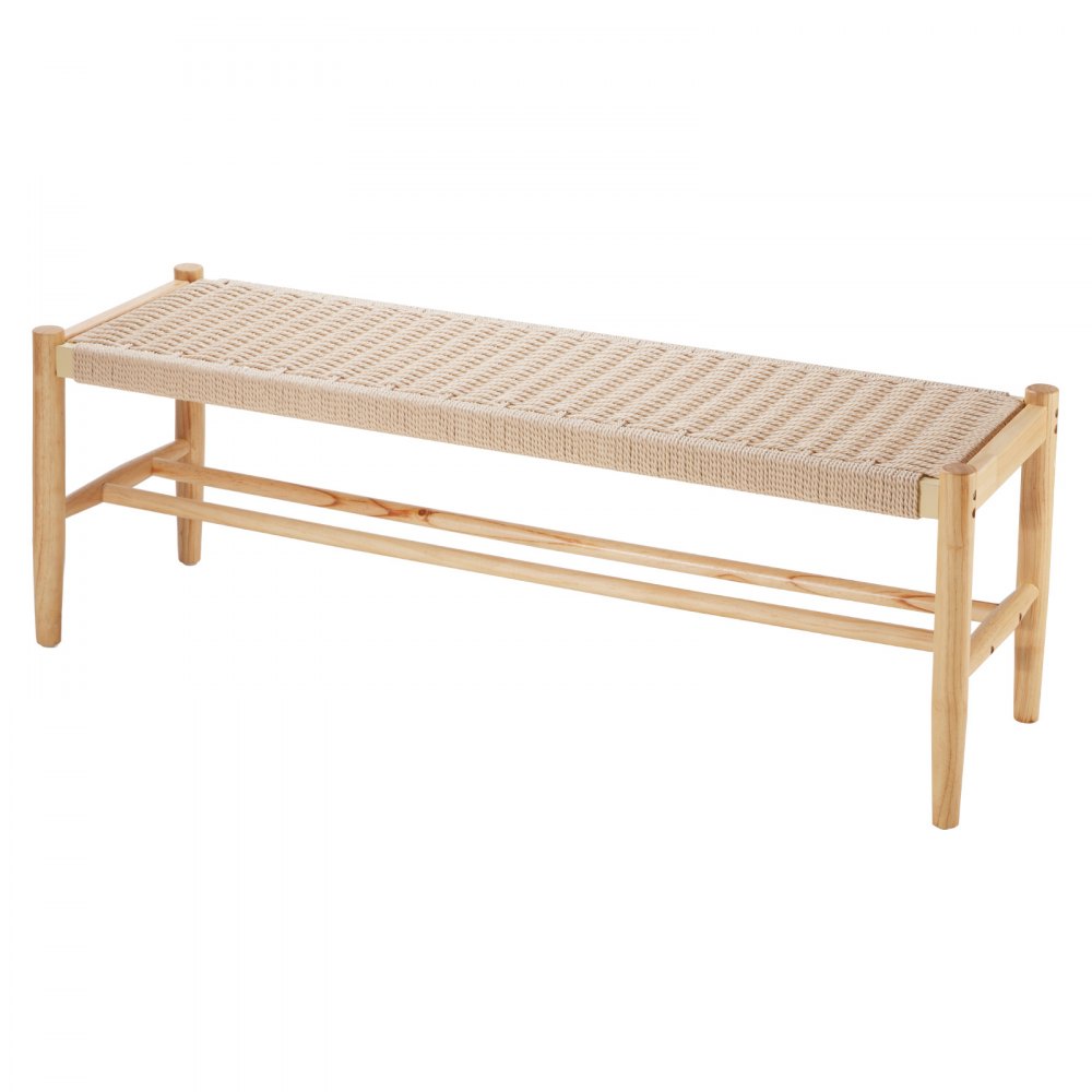 VEVOR Banco de Ratán de Madera 1210 x 363 x 427 mm Banco Bohemio con Espacio de Zapatos, Patas de Madera de Roble y Ratán Tejido a Mano,  Capacidad de Carga de 113 kg para Sala de Estar, Color Madera