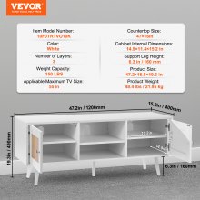 VEVOR Soporte Blanco de TV de Ratán, Mueble de TV bohemio, Soporte de TV de Estilo Moderno de 1200 × 400 × 490 mm, Consola de TV de Ratán con Estantes Ajustables para Sala de Estar, Sala Multimedia