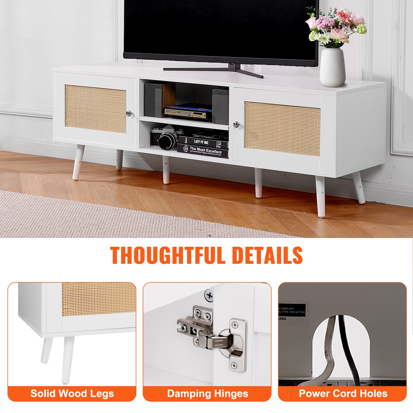 VEVOR Soporte de TV de ratán para TV de 65 pulgadas, soporte de TV Boho con puerta de ratán, centro de entretenimiento con enchufe incorporado y puertos USB, consola de TV moderna para sala de estar, sala multimedia, blanco