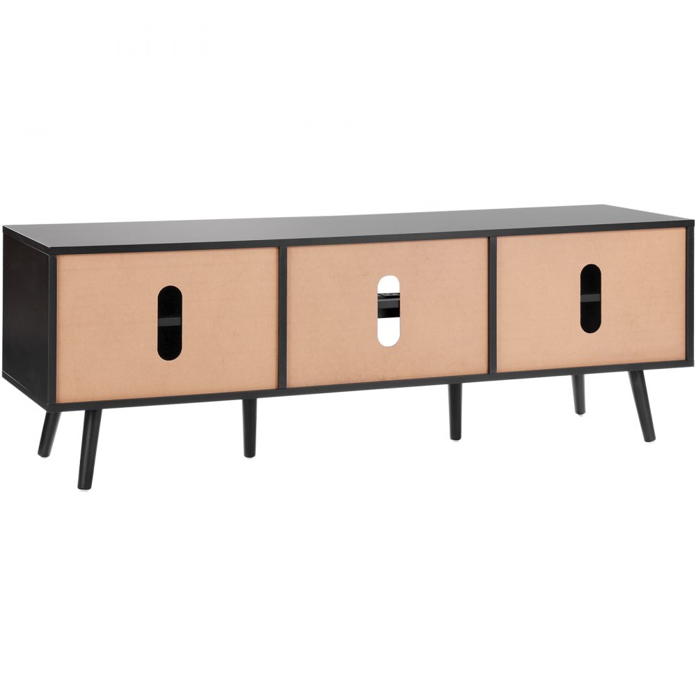 VEVOR Rattan TV Stand for 165 cm TVs, Boho TV Stand with Rattan Door, TV Cabinet with Built-in Power Outlet and USB Ports, Modern TV Console for Living Room, Media Room, Black