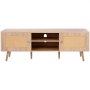 VEVOR Soporte para TV de ratán, moderno soporte para TV de mediados de siglo para TV de 65 pulgadas, mueble para TV de ratán bohemio con enchufe incorporado y puertos USB, estantes ajustables para sala de estar, sala multimedia, roble