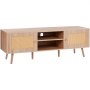 VEVOR Soporte para TV de ratán, moderno soporte para TV de mediados de siglo para TV de 65 pulgadas, mueble para TV de ratán bohemio con enchufe incorporado y puertos USB, estantes ajustables para sala de estar, sala multimedia, roble