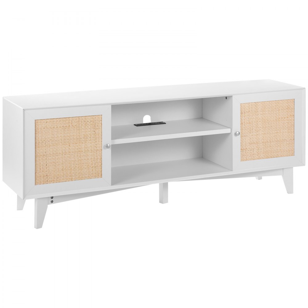 VEVOR Soporte de TV de ratán para TV de 75 pulgadas, soporte de TV Boho con puerta de ratán, centro de entretenimiento con enchufe incorporado, gabinete de almacenamiento con 2 estantes, consola de TV moderna para sala de estar, sala multimedia, blanco