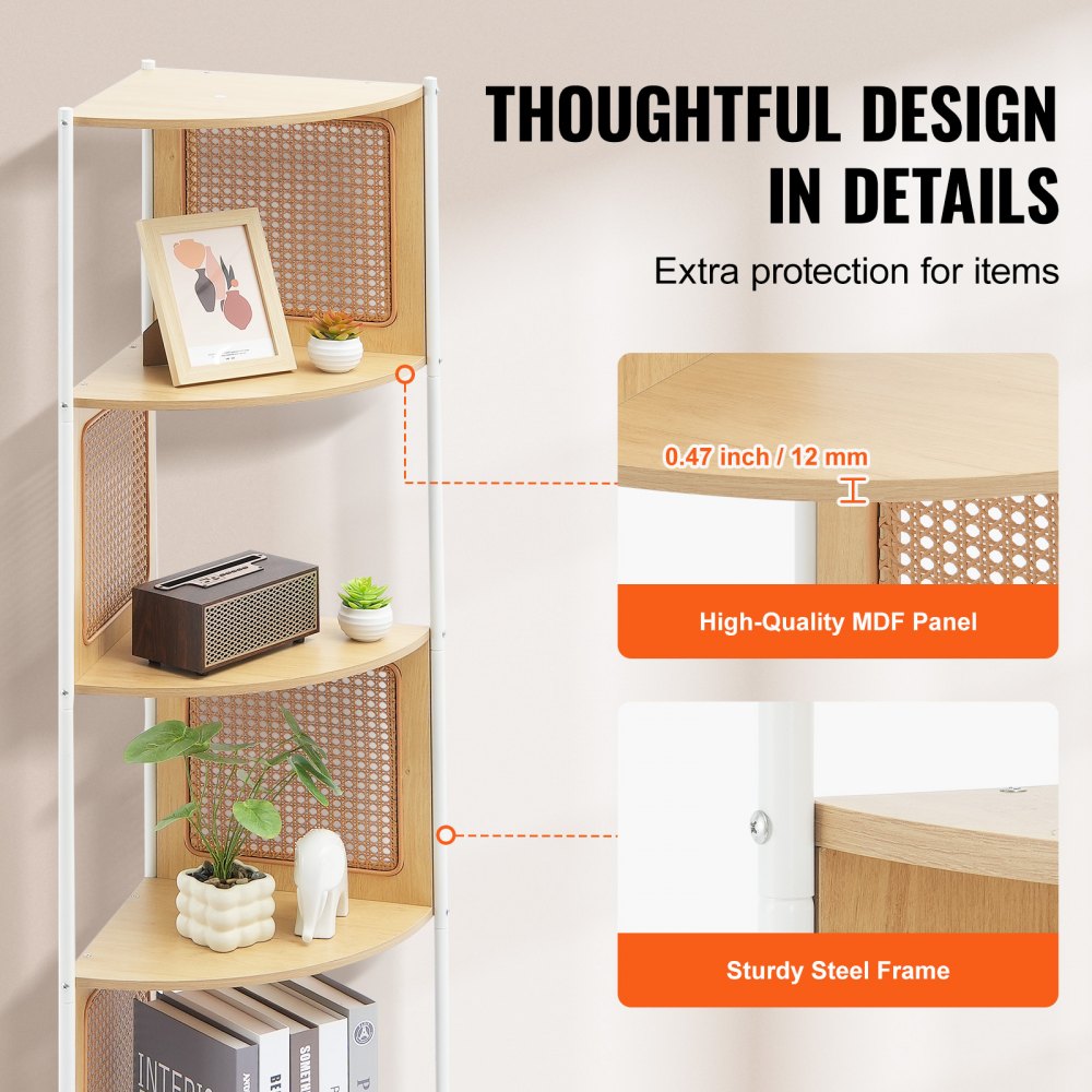 VEVOR Estantería de Esquina de Ratán de 5 Niveles de 355 x 355 x 1565 mm con Estructura de Metal, Estantería de Almacenamiento de Pared Estrecha y Abierta para Biblioteca, Oficina, Estudio, Natural