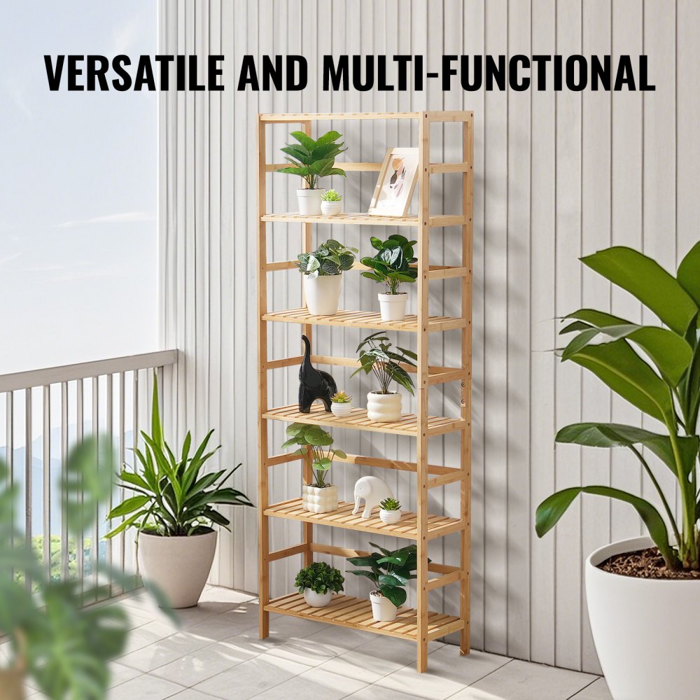 VEVOR Bamboo Bookshelf with 6 Shelves, Storage Shelf, Freestanding Multifunctional Flower and Plant Stand, File Shelf Ideal for Bathroom, Bedroom, Office, Study, Natural Color