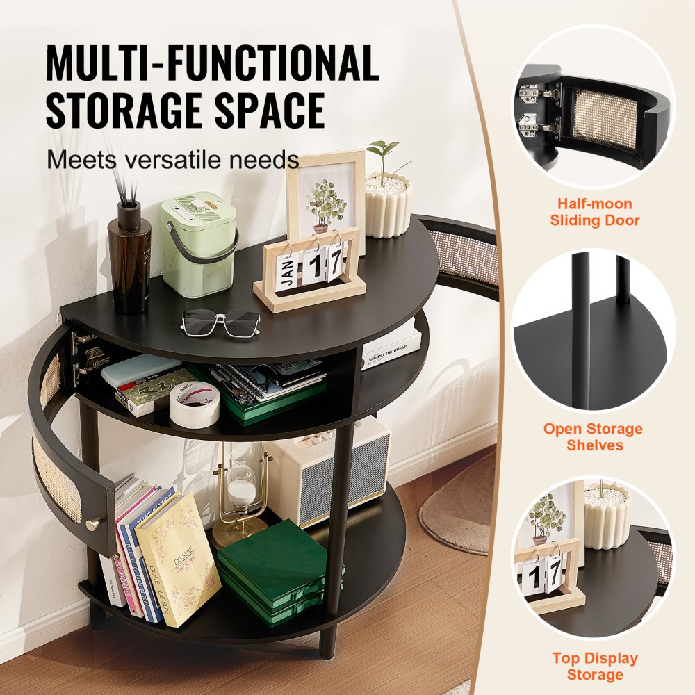 VEVOR Mesa consola de ratán en forma de media luna con 2 cajones, mesa de entrada de ratán con puerta corrediza de ratán natural, mesa consola con almacenamiento para sala de estar, estudio, entrada o pared de TV, color negro