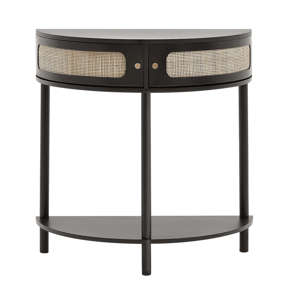 VEVOR Mesa consola de ratán en forma de media luna con 2 cajones, mesa de entrada de ratán con puerta corrediza de ratán natural, mesa consola con almacenamiento para sala de estar, estudio, entrada o pared de TV, color negro