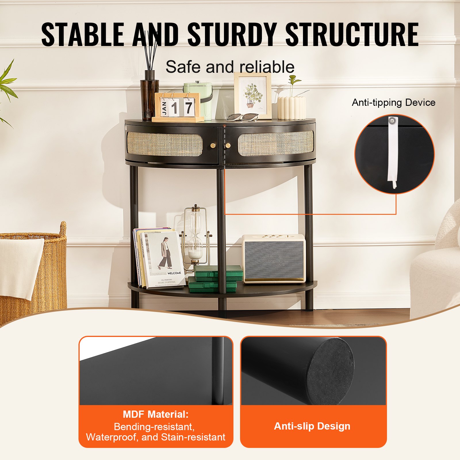 VEVOR Mesa consola de ratán en forma de media luna con 2 cajones, mesa de entrada de ratán con puerta corrediza de ratán natural, mesa consola con almacenamiento para sala de estar, estudio, entrada o pared de TV, color negro