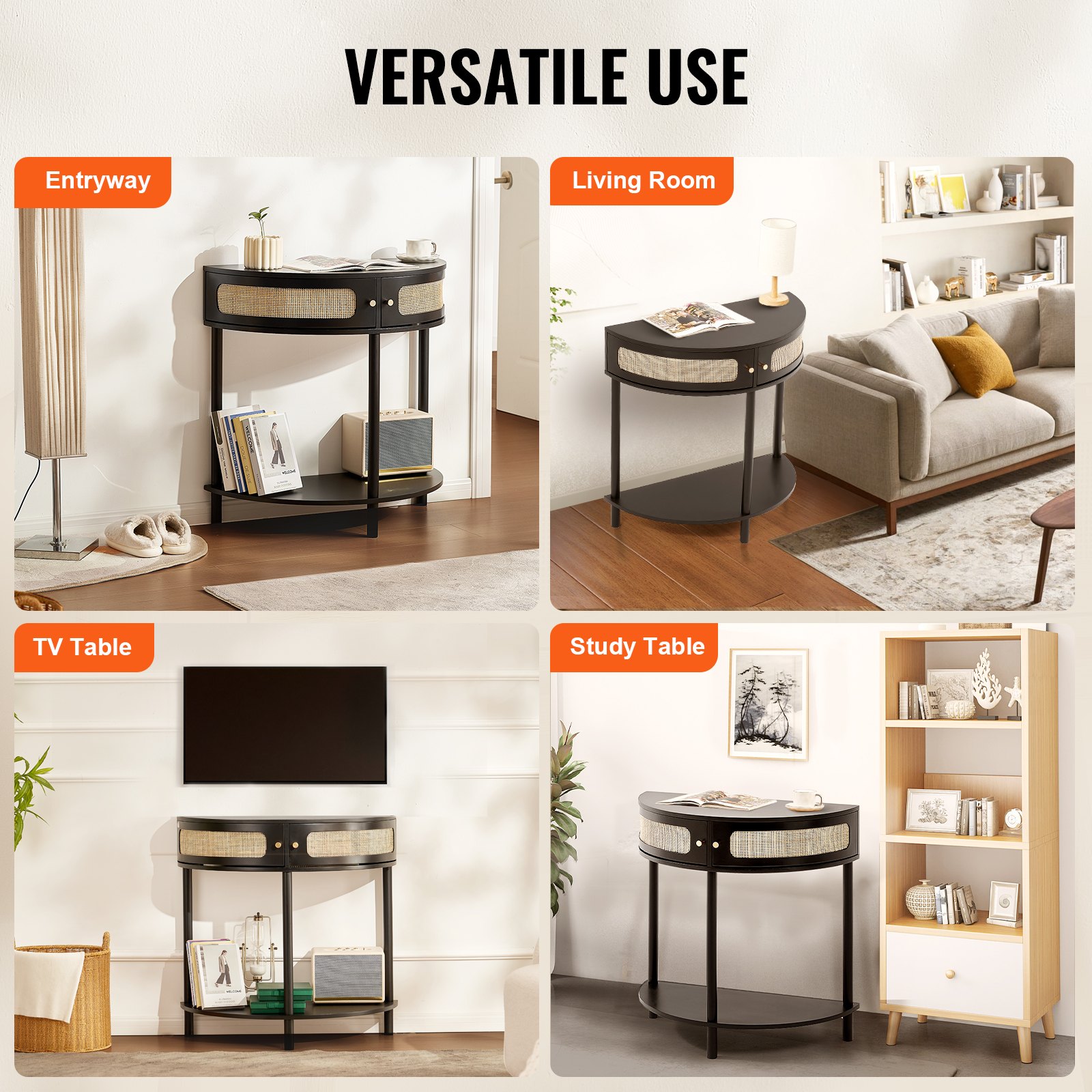 VEVOR Mesa consola de ratán en forma de media luna con 2 cajones, mesa de entrada de ratán con puerta corrediza de ratán natural, mesa consola con almacenamiento para sala de estar, estudio, entrada o pared de TV, color negro