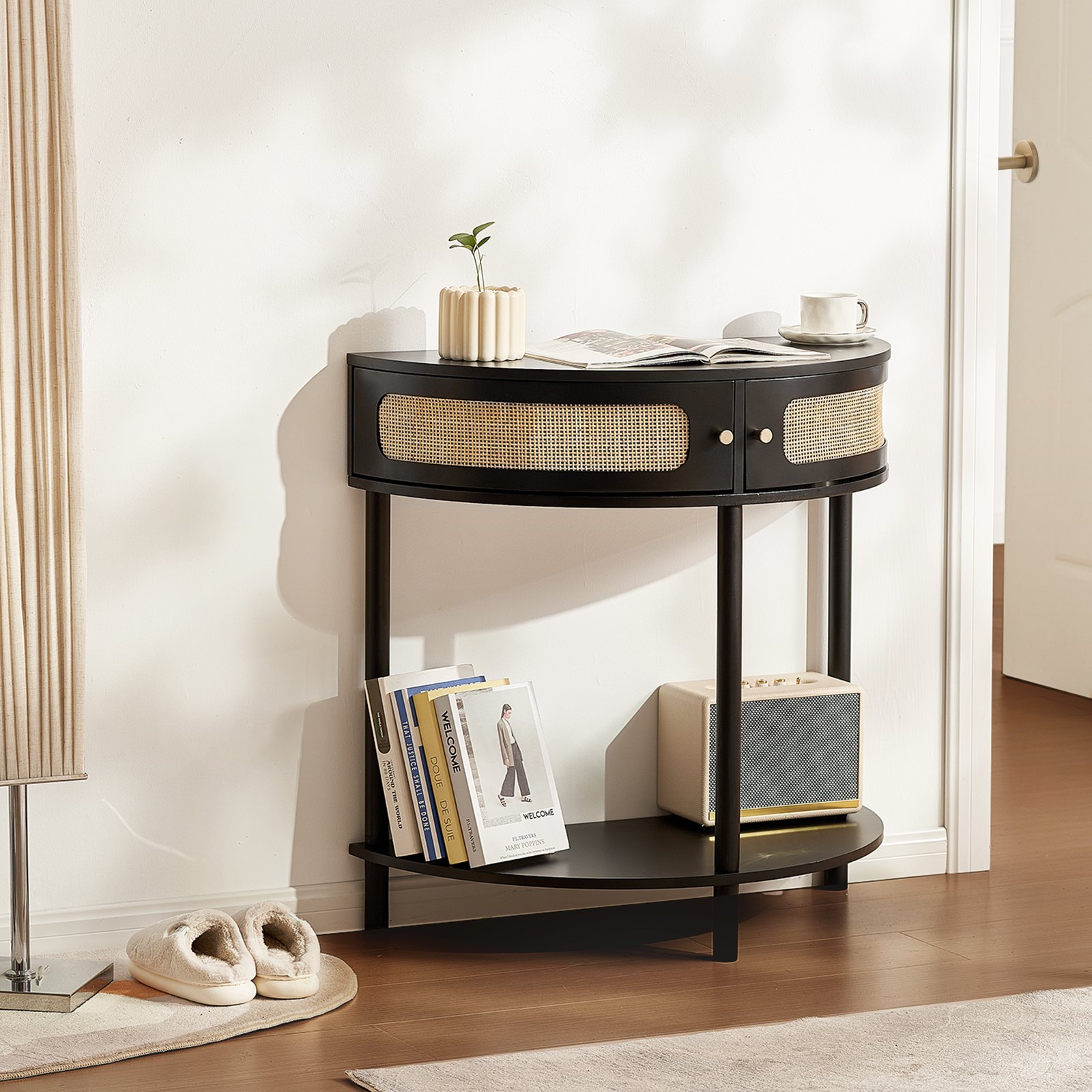 VEVOR Mesa consola de ratán en forma de media luna con 2 cajones, mesa de entrada de ratán con puerta corrediza de ratán natural, mesa consola con almacenamiento para sala de estar, estudio, entrada o pared de TV, color negro