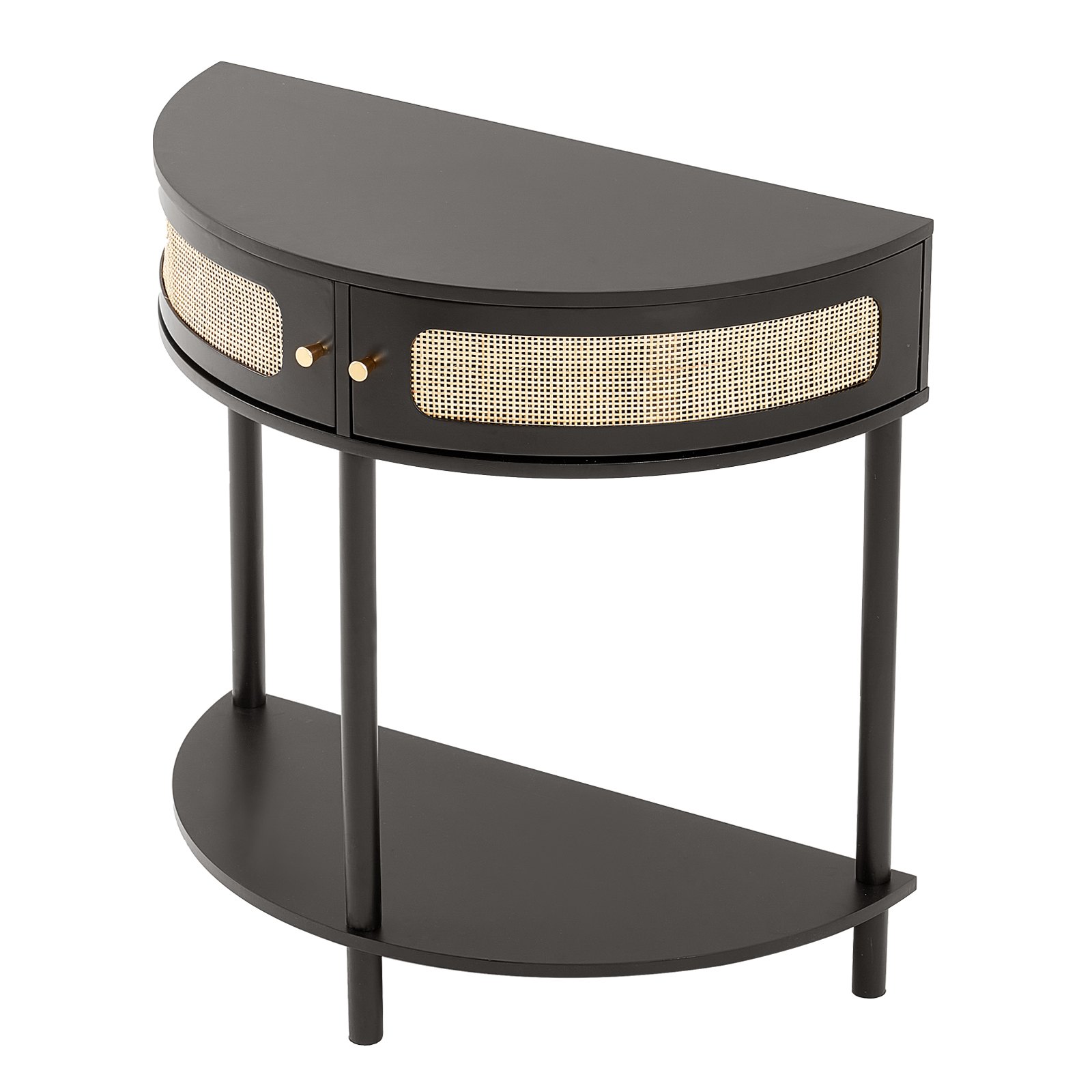 VEVOR Mesa consola de ratán en forma de media luna con 2 cajones, mesa de entrada de ratán con puerta corrediza de ratán natural, mesa consola con almacenamiento para sala de estar, estudio, entrada o pared de TV, color negro