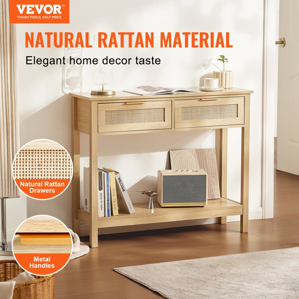 Mesa consola de ratán VEVOR con 2 cajones de almacenamiento, mesa de entrada de ratán con puerta corrediza de ratán natural, mesa de sofá consola para sala de estar, estudio, entrada o pared de TV, natural