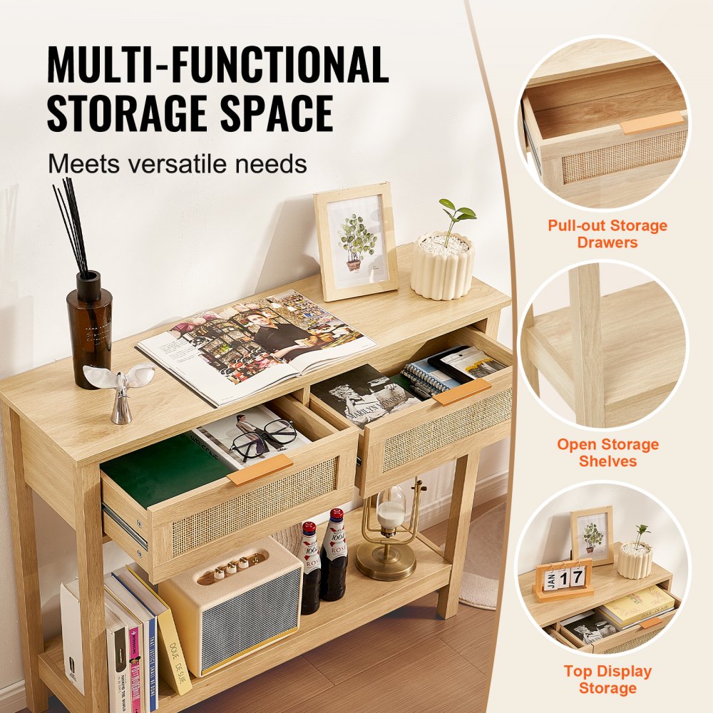 Mesa consola de ratán VEVOR con 2 cajones de almacenamiento, mesa de entrada de ratán con puerta corrediza de ratán natural, mesa de sofá consola para sala de estar, estudio, entrada o pared de TV, natural