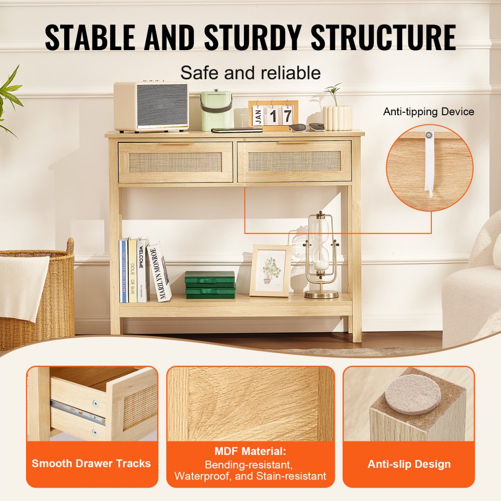 Mesa consola de ratán VEVOR con 2 cajones de almacenamiento, mesa de entrada de ratán con puerta corrediza de ratán natural, mesa de sofá consola para sala de estar, estudio, entrada o pared de TV, natural