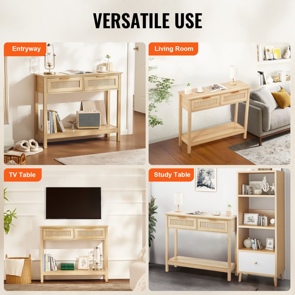 Mesa consola de ratán VEVOR con 2 cajones de almacenamiento, mesa de entrada de ratán con puerta corrediza de ratán natural, mesa de sofá consola para sala de estar, estudio, entrada o pared de TV, natural