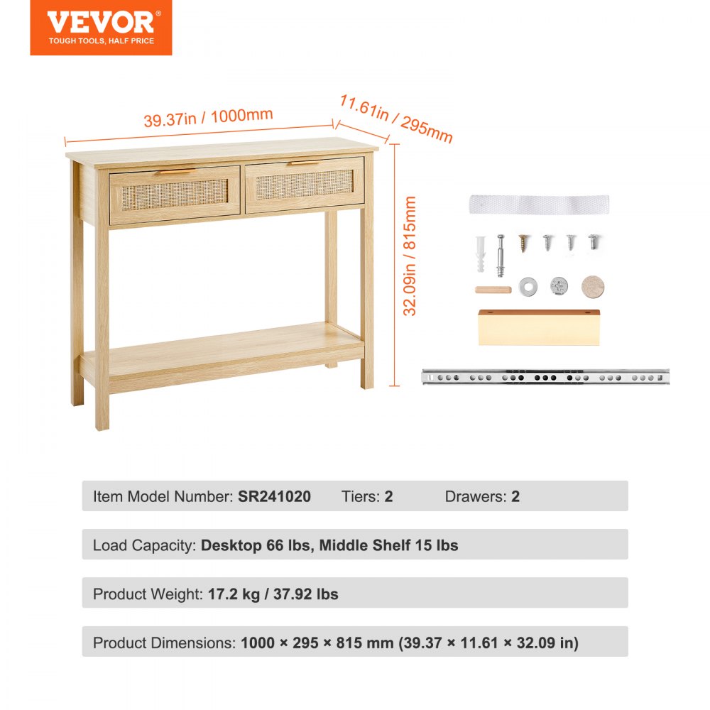 Mesa consola de ratán VEVOR con 2 cajones de almacenamiento, mesa de entrada de ratán con puerta corrediza de ratán natural, mesa de sofá consola para sala de estar, estudio, entrada o pared de TV, natural
