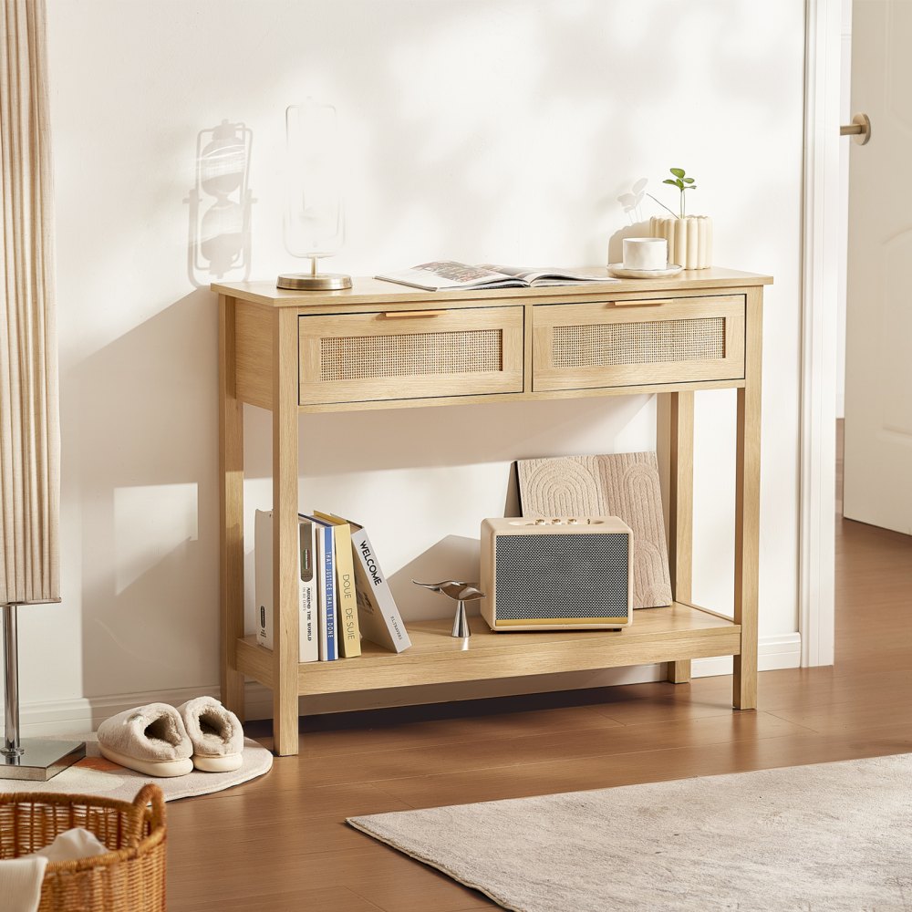 Mesa consola de ratán VEVOR con 2 cajones de almacenamiento, mesa de entrada de ratán con puerta corrediza de ratán natural, mesa de sofá consola para sala de estar, estudio, entrada o pared de TV, natural