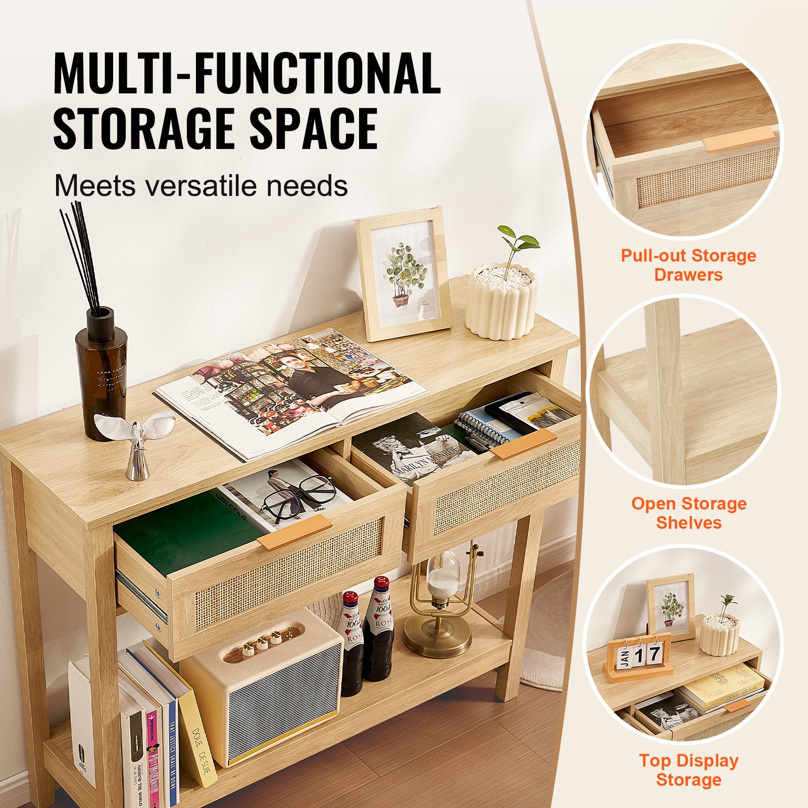 Mesa consola de ratán VEVOR con 2 cajones de almacenamiento, mesa de entrada de ratán con puerta corrediza de ratán natural, mesa de sofá consola para sala de estar, estudio, entrada o pared de TV, natural