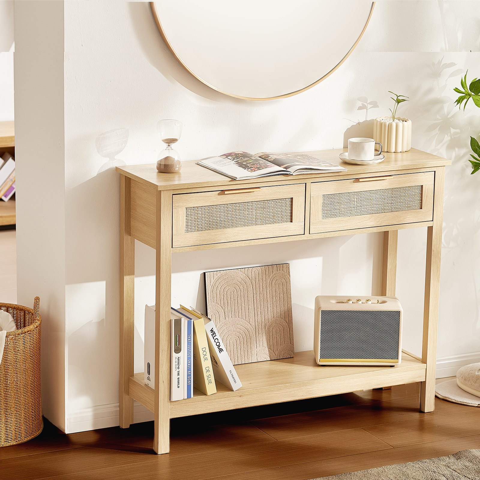 Mesa consola de ratán VEVOR con 2 cajones de almacenamiento, mesa de entrada de ratán con puerta corrediza de ratán natural, mesa de sofá consola para sala de estar, estudio, entrada o pared de TV, natural