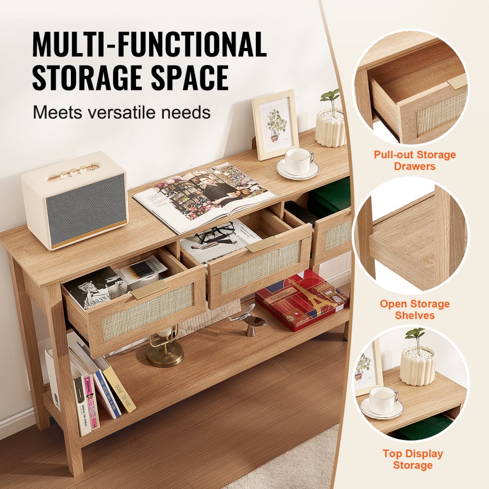 Mesa consola de ratán VEVOR con 3 cajones de almacenamiento, mesa de entrada de ratán con puerta corrediza de ratán natural, mesa de sofá consola para sala de estar, estudio, entrada o pared de TV, natural