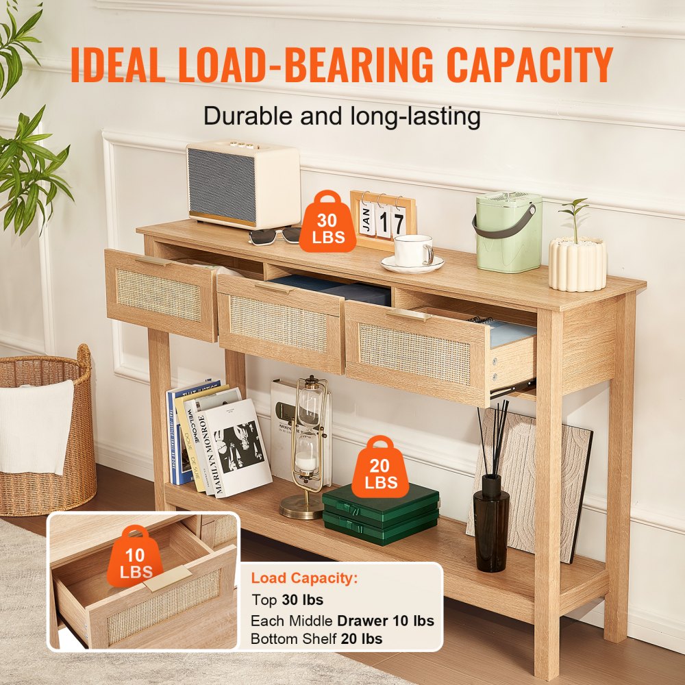 Mesa consola de ratán VEVOR con 3 cajones de almacenamiento, mesa de entrada de ratán con puerta corrediza de ratán natural, mesa de sofá consola para sala de estar, estudio, entrada o pared de TV, natural