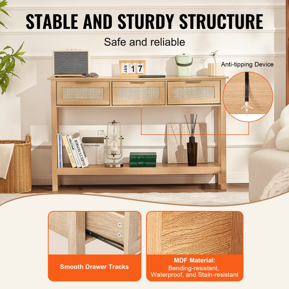 Mesa consola de ratán VEVOR con 3 cajones de almacenamiento, mesa de entrada de ratán con puerta corrediza de ratán natural, mesa de sofá consola para sala de estar, estudio, entrada o pared de TV, natural