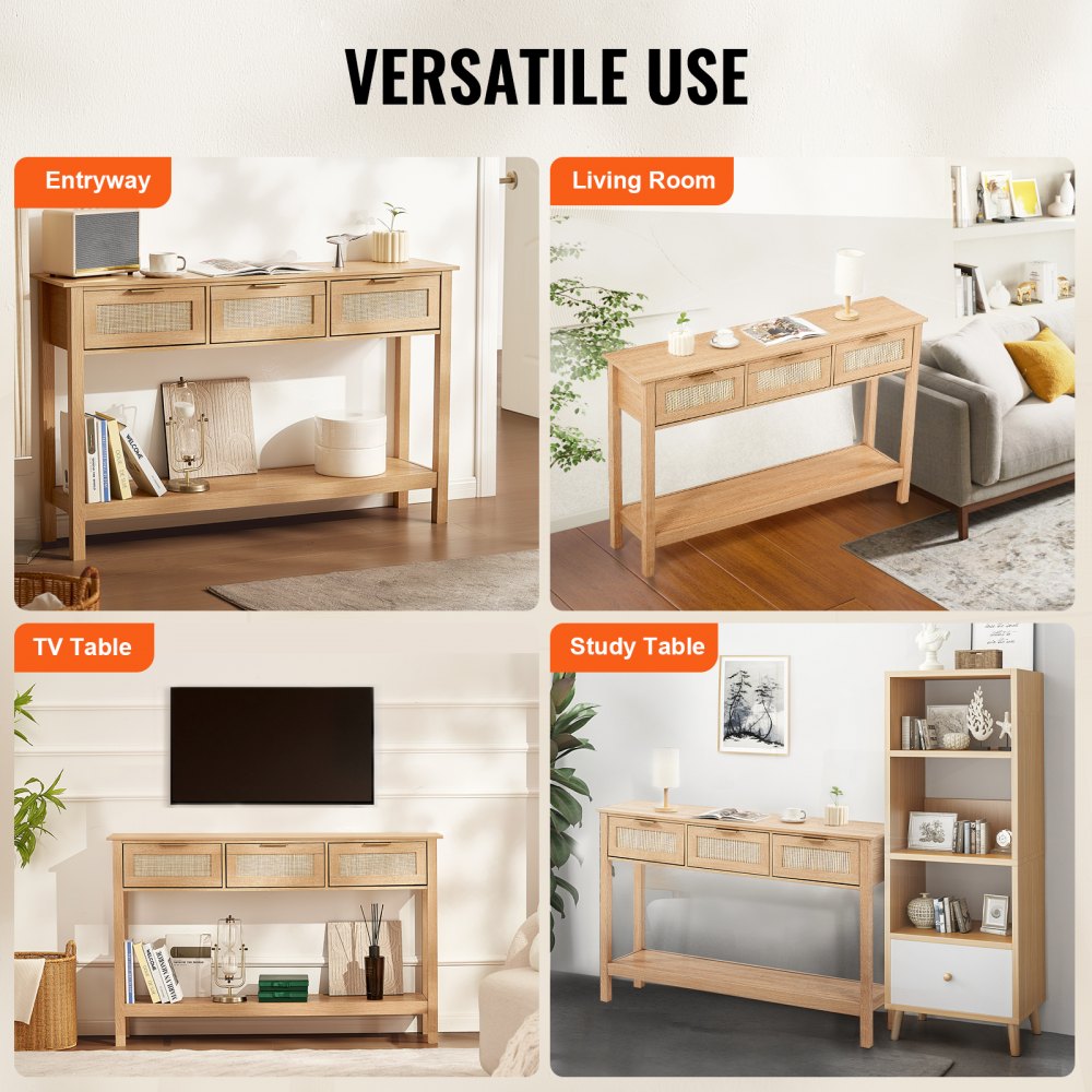 Mesa consola de ratán VEVOR con 3 cajones de almacenamiento, mesa de entrada de ratán con puerta corrediza de ratán natural, mesa de sofá consola para sala de estar, estudio, entrada o pared de TV, natural