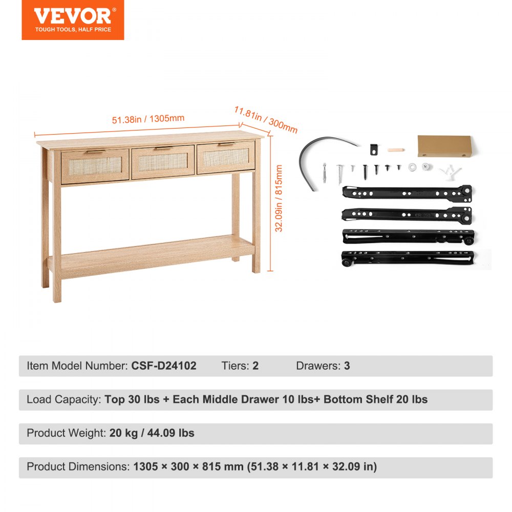 Mesa consola de ratán VEVOR con 3 cajones de almacenamiento, mesa de entrada de ratán con puerta corrediza de ratán natural, mesa de sofá consola para sala de estar, estudio, entrada o pared de TV, natural