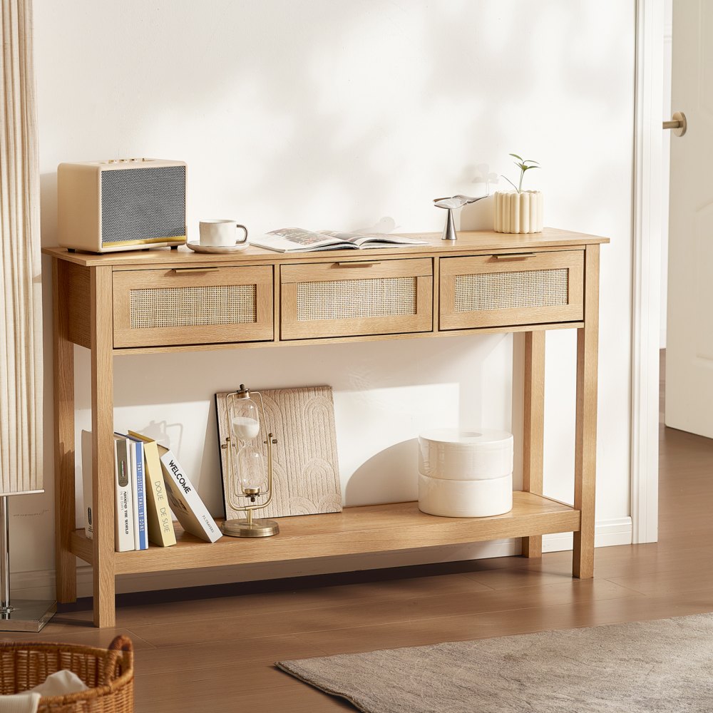 Mesa consola de ratán VEVOR con 3 cajones de almacenamiento, mesa de entrada de ratán con puerta corrediza de ratán natural, mesa de sofá consola para sala de estar, estudio, entrada o pared de TV, natural