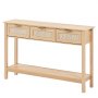 VEVOR Rattan Console Table with 3 Drawers, Rattan Entrance Table with Natural Rattan Sliding Door, Console Sofa Table for Living Room, Study, Entryway or TV Wall, Natural