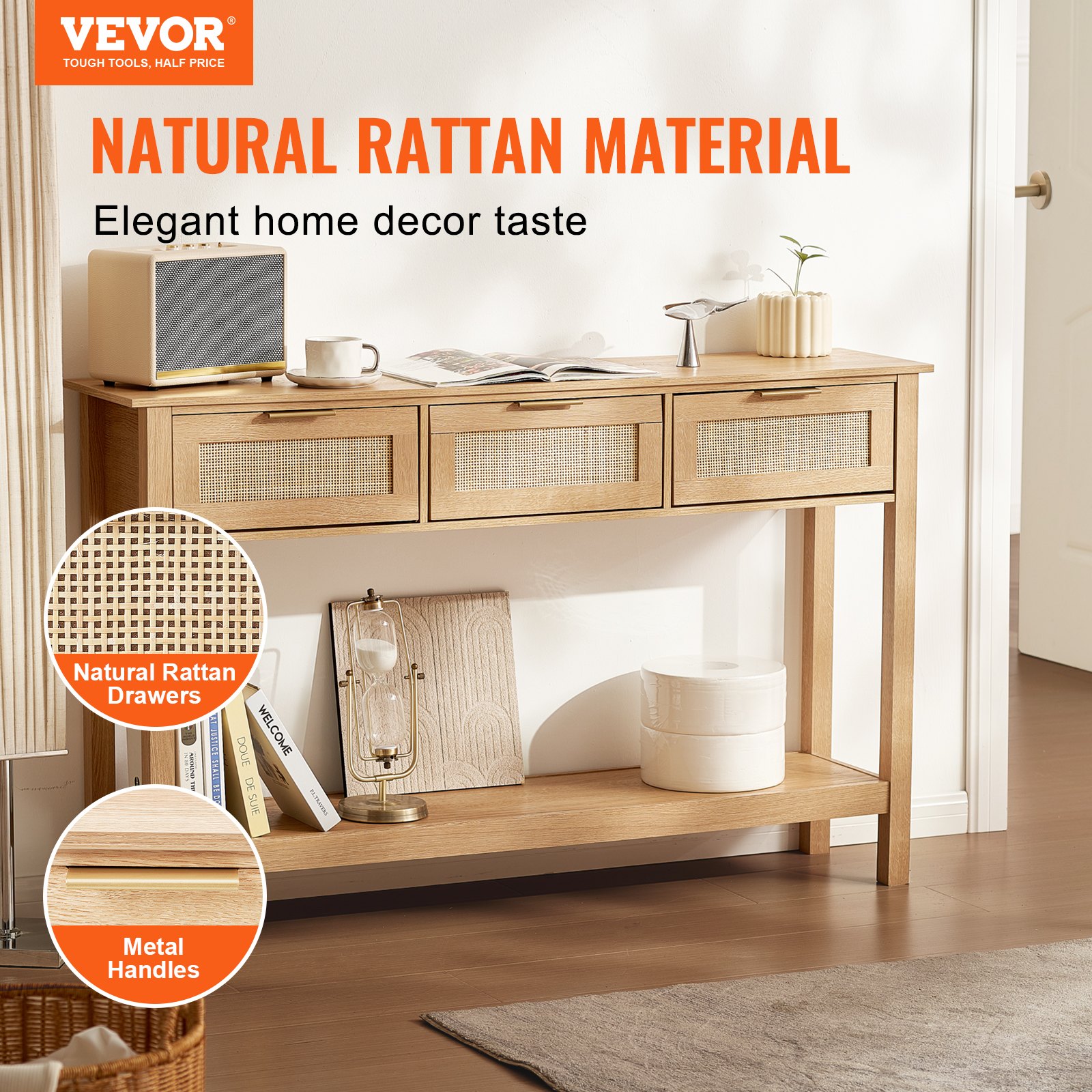 Mesa consola de ratán VEVOR con 3 cajones de almacenamiento, mesa de entrada de ratán con puerta corrediza de ratán natural, mesa de sofá consola para sala de estar, estudio, entrada o pared de TV, natural