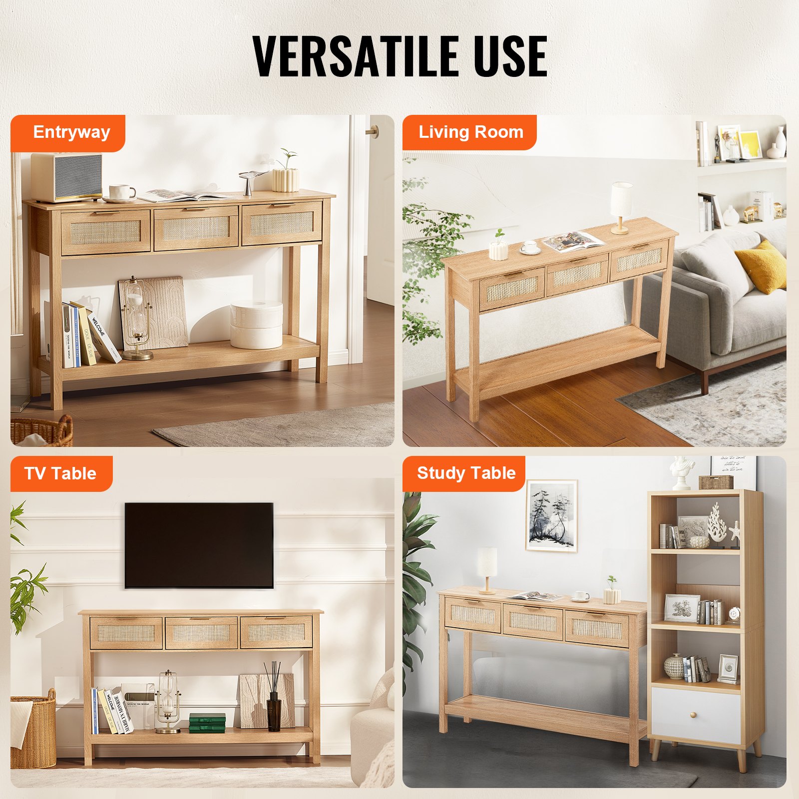 Mesa consola de ratán VEVOR con 3 cajones de almacenamiento, mesa de entrada de ratán con puerta corrediza de ratán natural, mesa de sofá consola para sala de estar, estudio, entrada o pared de TV, natural