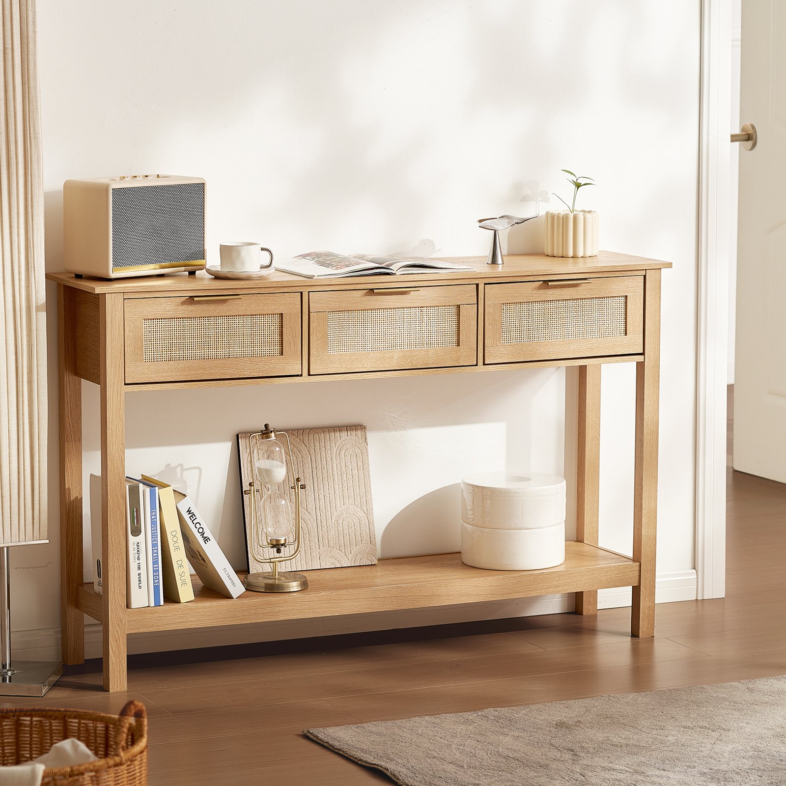Mesa consola de ratán VEVOR con 3 cajones de almacenamiento, mesa de entrada de ratán con puerta corrediza de ratán natural, mesa de sofá consola para sala de estar, estudio, entrada o pared de TV, natural