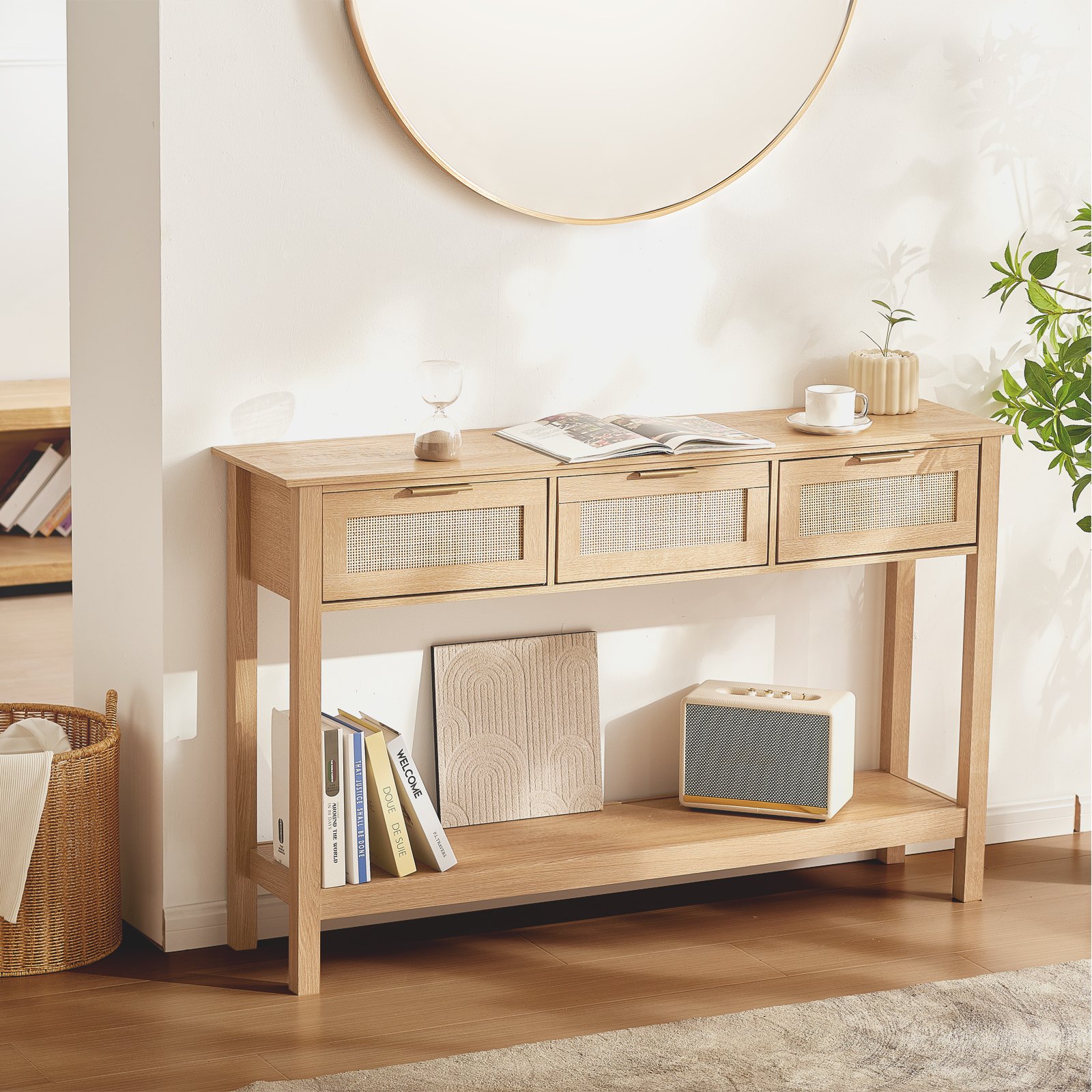 Mesa consola de ratán VEVOR con 3 cajones de almacenamiento, mesa de entrada de ratán con puerta corrediza de ratán natural, mesa de sofá consola para sala de estar, estudio, entrada o pared de TV, natural