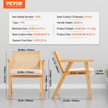 VEVOR Sillas Beige de Ratán 1 pieza Sillas Tapizadas de Terciopelo con Respaldo de Ratán Sillas de Cocina de Comedor Retro para Sala de Estar, Jardín, Patio, Dormitorio, Sala de Lectura, Oficina