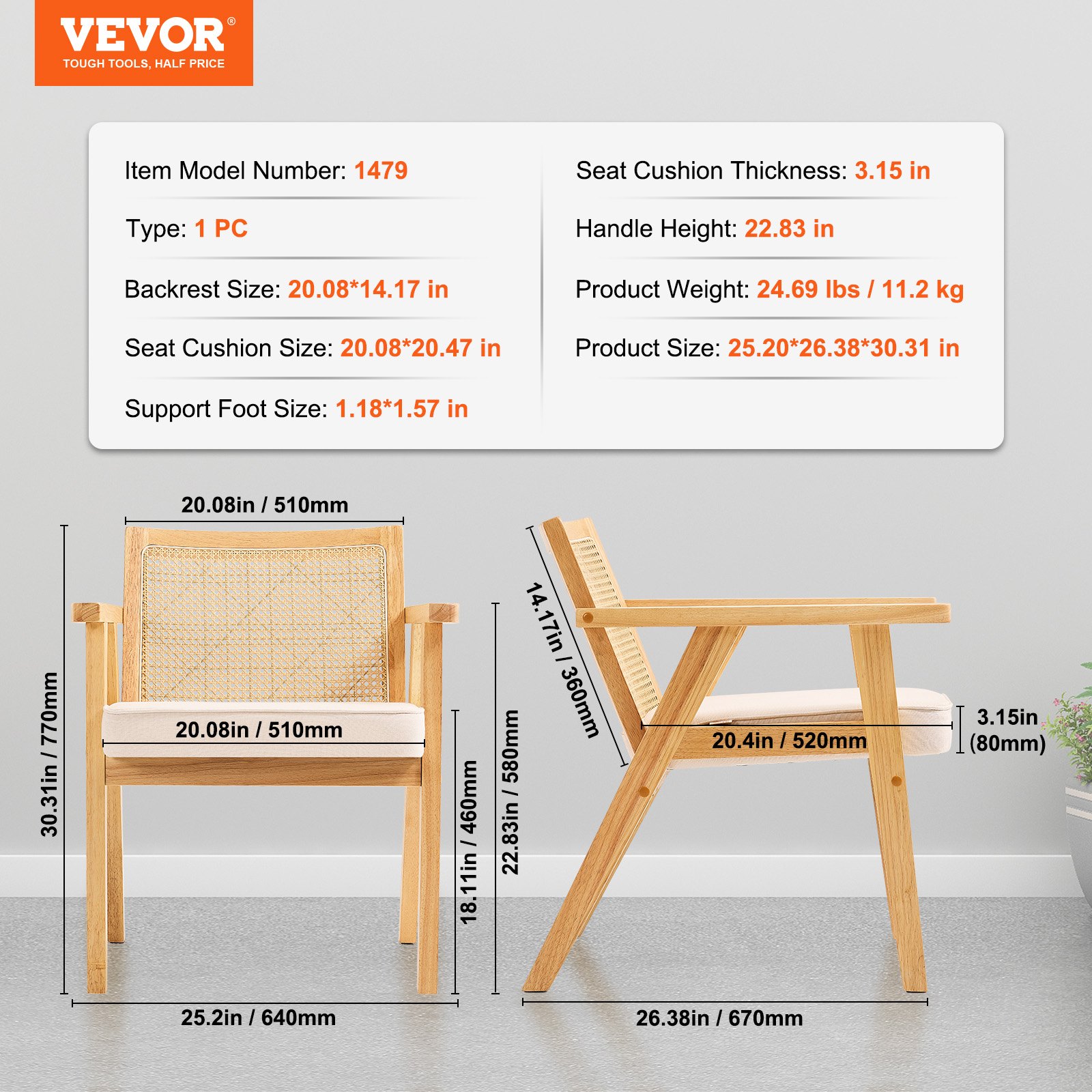VEVOR Rattan Chair, Medieval Modern Garden Chair with Armrests, 1 pc. Upholstered Chair with Rattan Backrest, Garden Balcony Terrace Stacking Chair Garden Armchair Living Room, Bedroom, Reading Room