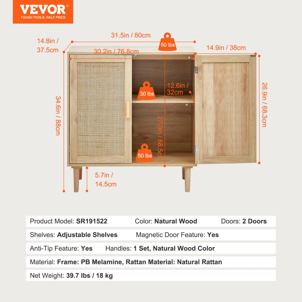 VEVOR Rattan Cabinet, Rattan Chest of Drawers, Storage Cabinet with 2 Magnetic Doors, Adjustable Shelves & Handles, Sideboard/Buffet Cabinet for Hallway, Entrance Area, Living Room, Kitchen, Hallway