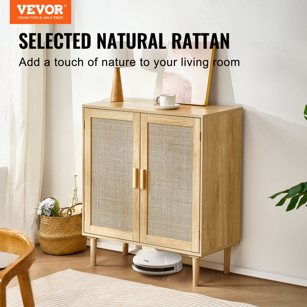 VEVOR Aparador de Ratán de 800 x 375 x 880 mm con 2 Puertas Magnéticas y Estantes Ajustables, Armario de Ratán Aparador Tipo Buffet para Pasillo, Entrada, Sala de Estar o Cocina, Color Madera